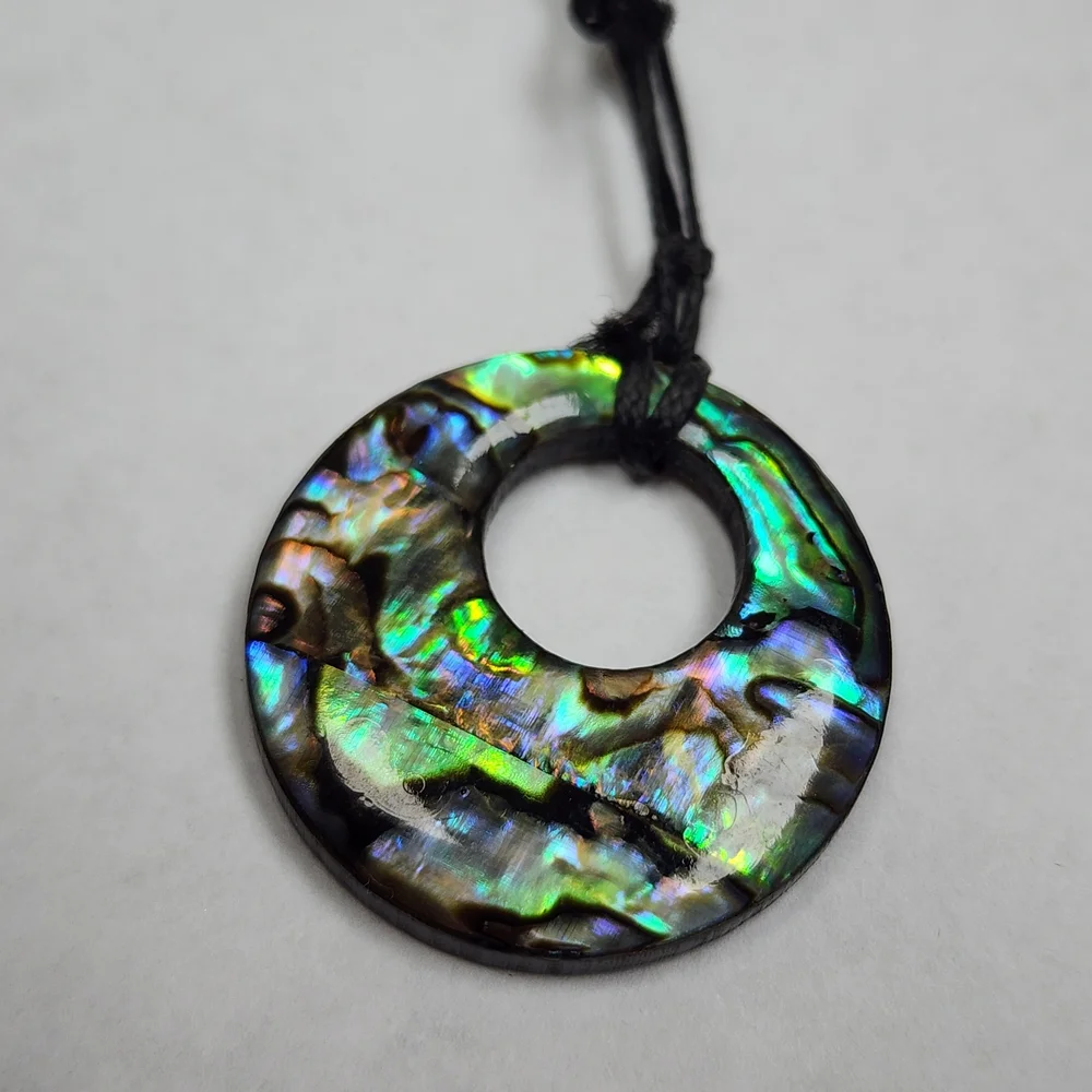 Iridescent Abalone Shell Like Wood Pendant Cord Necklace